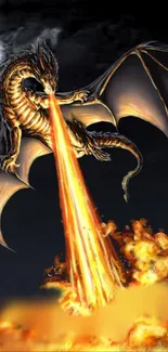 Dragon breathing fire in epic fantasy art wallpaper.