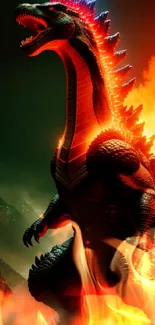 Epic dragon with fiery spine and vibrant flames in dramatic wallpaper.