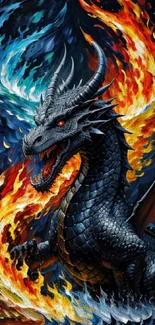 Epic dragon with fiery blue and orange flames in a dark fantasy setting.