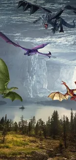 Dragons soar over a scenic mountain landscape with a serene lake below.