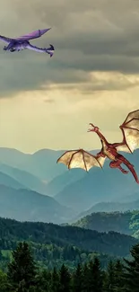 Two dragons flying over green mountains under a cloudy sky.