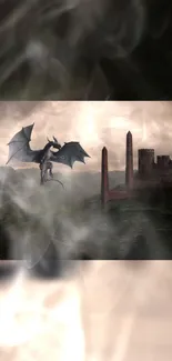 Dragon soaring over a mystical foggy castle landscape.