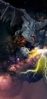 Epic dragon and galaxy scene with lightning on mobile wallpaper.