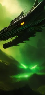 Epic dragon with glowing eyes in a green misty background.