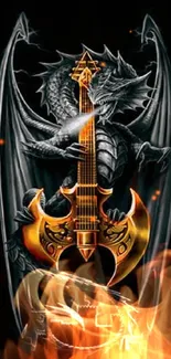 Epic dragon wrapped around a guitar on a black background.