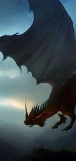 Epic dragon flying over misty mountains in a dark and fantastical scene.