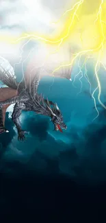 Epic dragon flying amid lightning in stormy sky wallpaper.