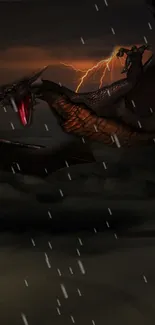 Majestic dragon flying through dark stormy sky with lightning