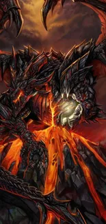 Fiery dragon emerging from molten lava in epic fantasy artwork.