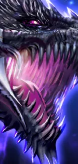 Epic purple dragon with glowing eyes and sharp teeth in fantasy artwork wallpaper.