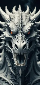 Intricate gray dragon with fiery eyes on a dark background.