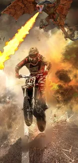 Motocross rider escaping a dragon's fiery breath in an epic fantasy scene.