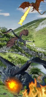 Dragons flying over a green mountain landscape with fire breathing effect.