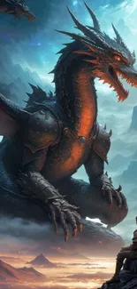 Epic dragon overlooking mountains in a fantasy scene.