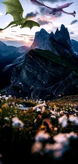 Dragons flying over a mountainous landscape at sunset.