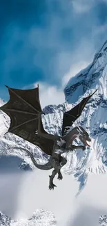 Dragon flying over snowy mountains under a blue sky.