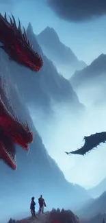 Epic blue dragon mountain landscape with misty peaks and flying dragon.