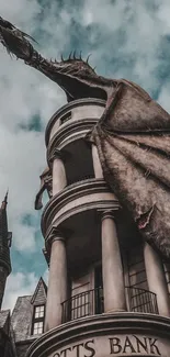 Dragon perched on a castle tower under a moody sky.