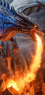 Dragon breathing fire over medieval city at night.