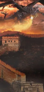 Majestic dragon flying over ancient castle with fiery sky.