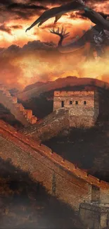 Dragon flying over Great Wall with fiery sky.