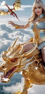 Warrior woman riding a golden dragon in the sky.