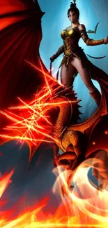 Epic warrior riding a fiery dragon in fantasy artwork.