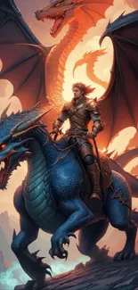 Knight riding a blue dragon with a fiery background in epic fantasy art.