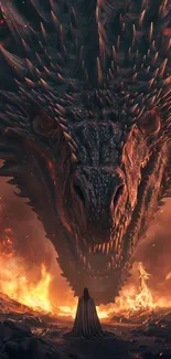 A massive dragon facing a lone warrior with flames surrounding them.