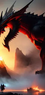 Epic dragon in fiery landscape wallpaper.