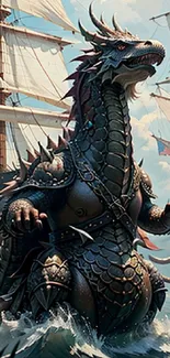 Majestic dragon rising amidst ships and waves in a fantasy maritime scene.