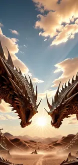 Two dragons facing off in a desert with a sunset backdrop.