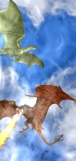 Two dragons clash in the sky with fiery breath and majestic wings.