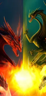 Epic dragon showdown wallpaper with fiery battle between mythical creatures.