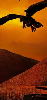 A majestic dragon silhouette flies over hills at sunset.