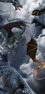 Epic battle of dragons in cloudy sky wallpaper.