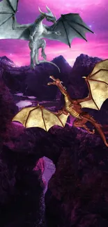 Two dragons battle in a violet sky above rugged terrain.