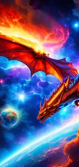 Dragon flying through fiery clouds in space, with Earth below.