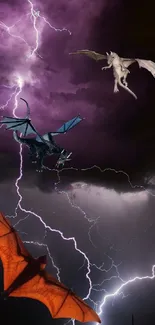 Three dragons in a lightning storm sky.