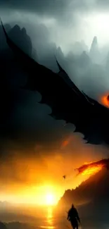 Epic dragon over fiery sunset with dark mountain silhouette in background.