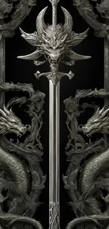 Intricate dragon and sword wallpaper in grayscale tones.