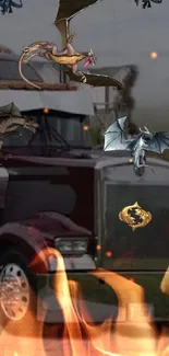 Fierce dragons flying above burning truck.