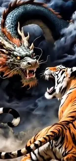Dragon and tiger battle in fantasy art scene.