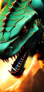 Vibrant green dragon with fiery background and lightning effects.