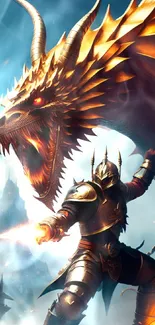 Epic knight battling golden dragon with fiery landscape.