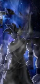 Dark blue anime warrior with cosmic background.