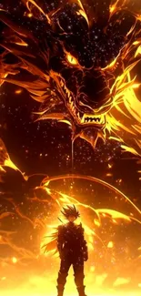 Epic mobile wallpaper of fiery dragon and warrior silhouette.