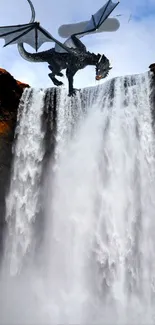 A dragon perched on a waterfall, blending fantasy with nature.