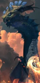 Epic dragon with flames and clouds in a fantasy setting.