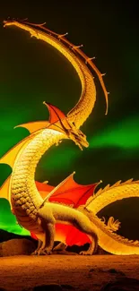 Golden dragon with fiery wings under a green aurora sky.